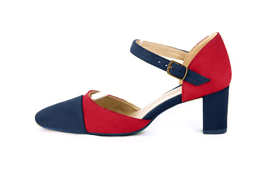 Navy blue and cardinal red open side elegant shoes, with an instep strap. Round toe. Medium block heels. - Florence KOOIJMAN